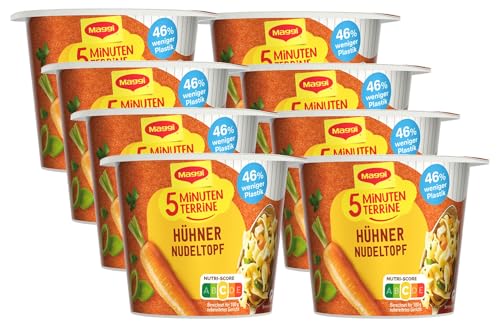 Maggi 5 Minuten Terrine Hühner Nudeltopf, leckeres Fertiggericht, Instant-Nudeln, mit Huhn, 8er Pack (8 x 41g)