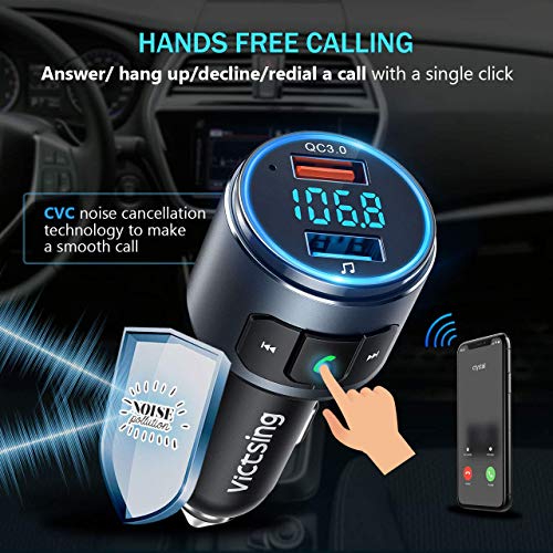 VicTsing (Upgraded Version) V5.0 Bluetooth FM Transmitter for Car, QC3.0 & LED Backlit Wireless Bluetooth FM Radio Adapter Music Player/Car Kit with Hands-Free Calls, Siri Google Assistant