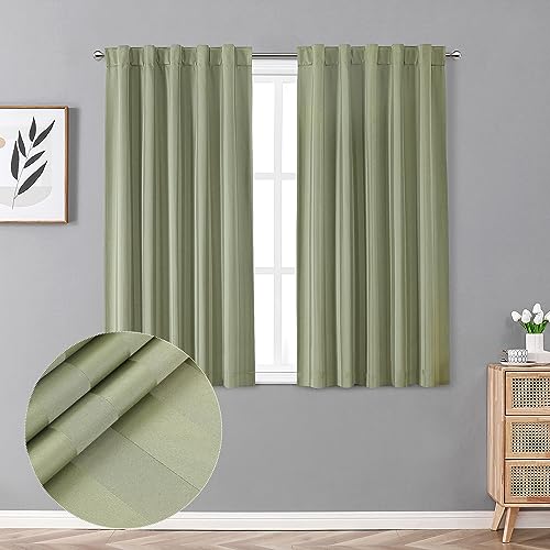 OVZME Mateo Sage Green 100% Blackout Curtain for Small Window, Vertical Stripe Thermal Insulated Short Drapes Room Darkening Rod Pocket & Back Tab Window Curtains for Bedroom (2 Pieces, 42W x 45L)