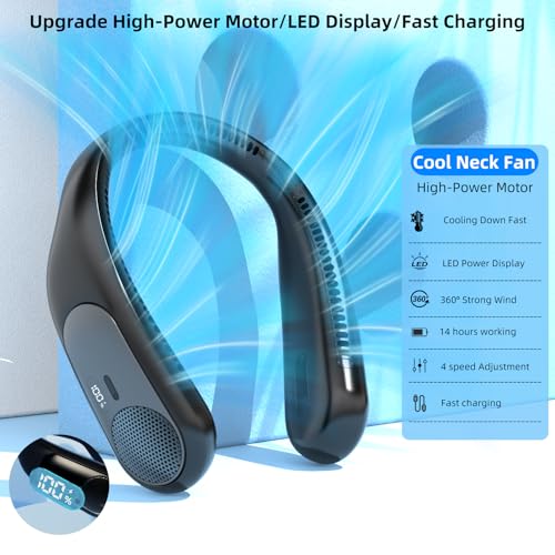 Image of Portable Neck Fan, Personal Wearable Bladeless Fan for Outdoor Indoor, LED Display, 360 Cooling, 4-Speeds, 6000mAh USB Rechargeable, Birthday Gifts for Men Women Dad Mom (Black)