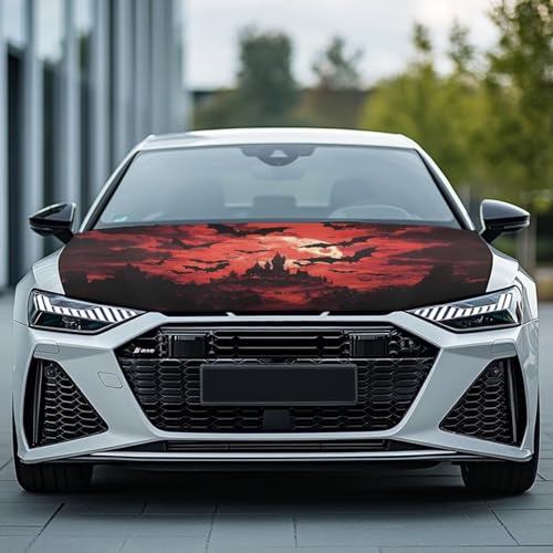 Image of Bat Print Car Hood Cover All Weather Protection Auto Exterior Accessories Halloween Decor Universal Fit Hood Covers for Cars, Trucks, SUV, or Van Full Coverage