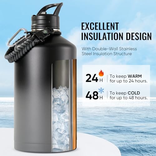 Image of Fijinhom Gallon Water Bottle with 2 Lids (Straw & Spout), 304 Stainless Steel Water Jug with Handle and Wide Mouth, 1 Gallon Vacuum Double Walled Jug for Sports, Outdoors, Black /Gray, 128 oz