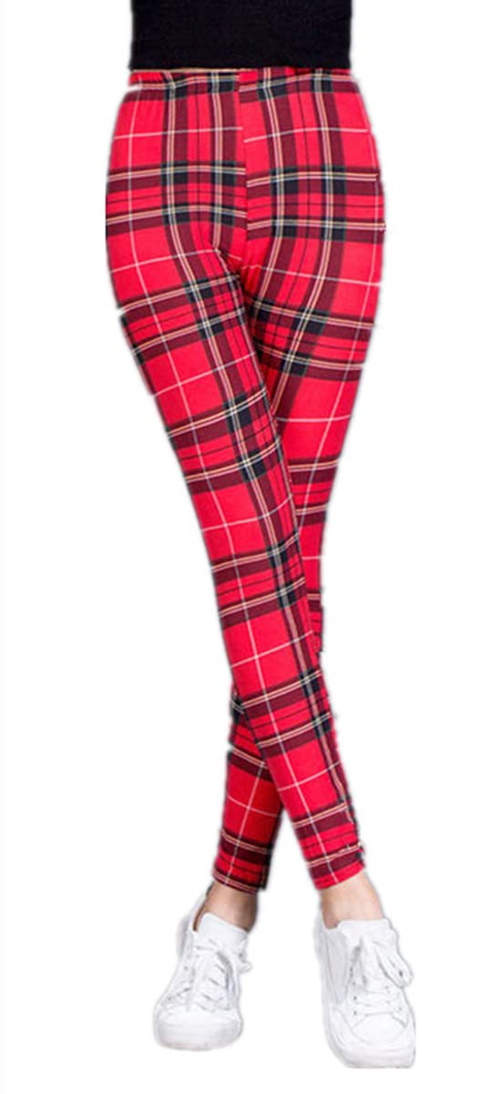 Fioeyr Womens Red Tartan Check Print Elacticated Ladies Full Length Long Leggings Skinny Stretchy Pants Trousers