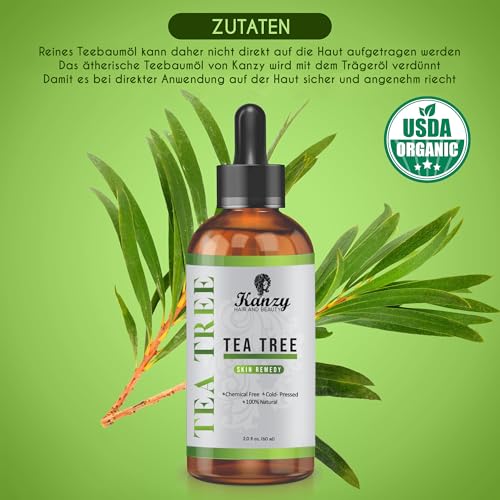 Kanzy Teebaumöl Naturrein 60ml mit Pipette Kaltgepresst Tea Tree Oil für Gesicht, Haut, und Nagel Anti Pickel, Haaröl, Akne Öl, Acne Serum gegen Unreine Haut, Öle für Diffuser