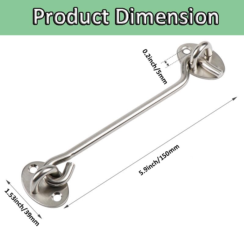 6inch Hook and Eye Latch, Cabin Hook Stainless Steel Door Lock Hook, Silver Gate Hook Stainless Steel Cabin Hook - Image 2