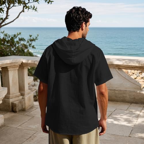 Men Linen Short Sleeve Button Down Shirt Summer Casual Hawaiian Beach Tops Lightweight Fashion Hoodies Black4