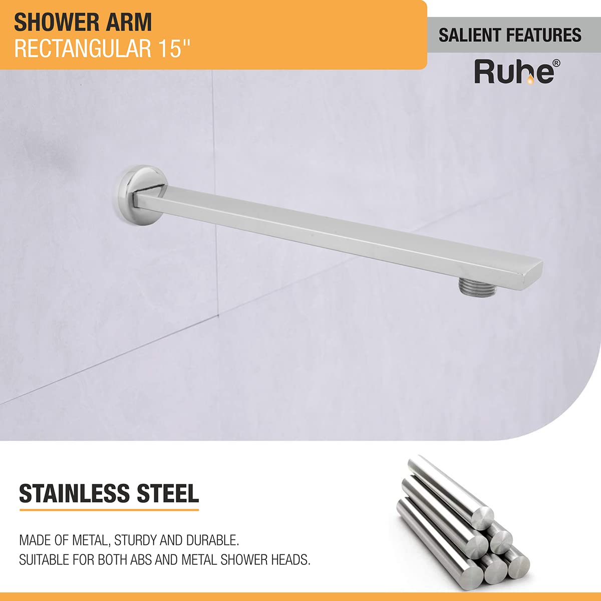 Ruhe® 15inch Rectangular Shower Arm | Premium Grade Stainless Steel Square Shower Arm with Flange (Chrome Finish)