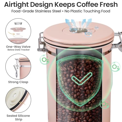 Image of Veken Coffee Canister,39OZ, 2.2lbs,Large Airtight Stainless Steel Container | Date Tracker, Kitchen Food Storage Jars for Beans, Ground, Espresso, Rice,Tea, Sugar, Cereal, Cookie,Gifts, Lids, Scoop, Pink