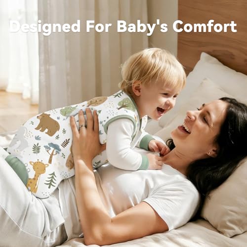 Image of Chilsuessy Toddler Sleep Sack with Feet 3-4 T, 1.0 TOG Cotton Baby Wearable Blanket with Legs, Sleep Bag Walker with 2-Way Zipper, Green Animals