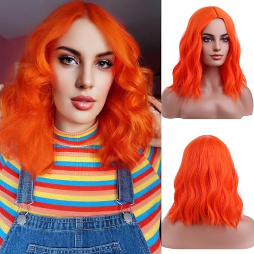 RightOn Orange Wig - Short Curly Bob Beach Wave Wig with Cap