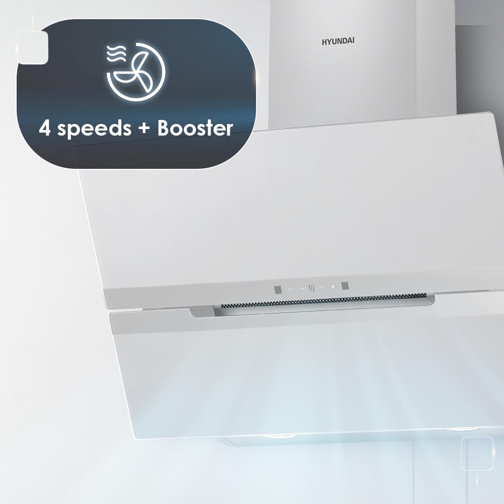 Hyundai Campana Extractora Inclinada 60cm, Cristal blanco, HCDE60DCW00. Potencia 831m3/h, 3 Velocidades, 2 Filtros, 64 dB Nivel Sonoro, Control Táctil, Filtros aptos para Lavavajillas