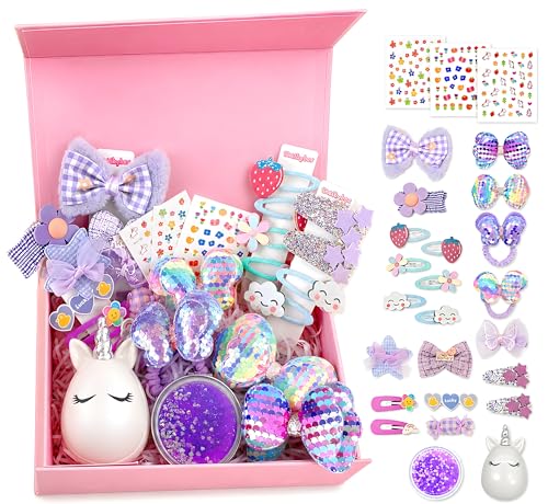 Hair Accessories for Girls Gift Set - Girl Hair Accessories Kit for Kids Ages 4-8, Purple Hair Clips, Barrettes, Ponytail Ties, Bows, Mirror & Unicorn Comb, Toddler Hair Set