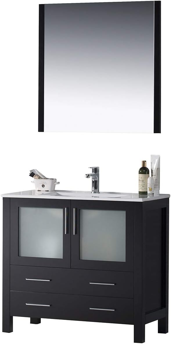 Blossom 36” Bathroom Vanity with Ceramic Vessel Sink and Mirror – Solid Wood, Soft Close Drawers, Ample Storage, Durable Build - Modern Storage Cabinet for Small & Large Bathrooms - Espresso