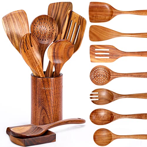 9 Piece Natural Teak Wooden Kitchen Utensil Set with Spoon Rest – Comfort Grip Cooking Spoons and Utensils Holder