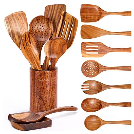 9-Piece Natural Teak Wooden Utensil Set with Spoon Rest