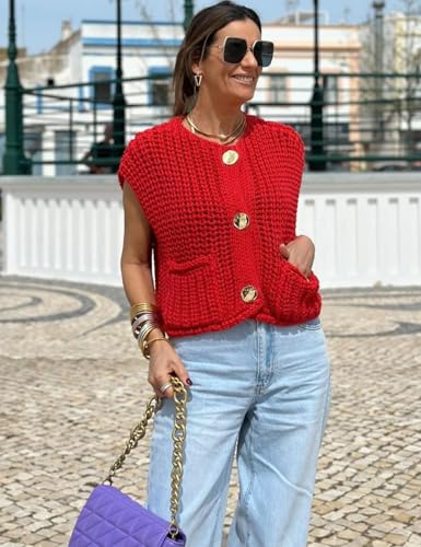 Image of Arssm Women Button Down Sweater Vest Sleeveless Crop Knit Cardigan Cropped Knitted Sweater Vest with Pockets