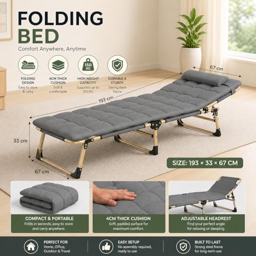 Image of Folding Bed Single for Sleeping 5 in 1 for Adults with Removable Cushion Outdoor Recliner Camping Bed Cot Beach for Adult Foldable Bed for Travelling Upto 150KG (193cmx67cm X33cm)