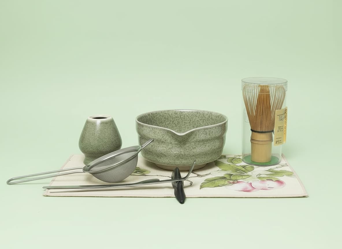 Matcha set 8 PCS With Cermica Matcha Bowl, Matcha Whisk Holder, Bamboo Whisk, Matcha Spoon, Sifter