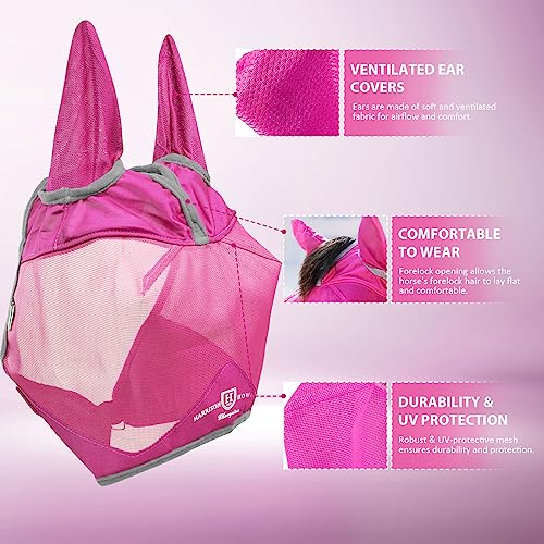 Harrison Howard UV-proof Multi-Function Fabrics Thick Fleece Padding Horse Fly Mask Half Face with Ears Magenta Horse Large - Image 2