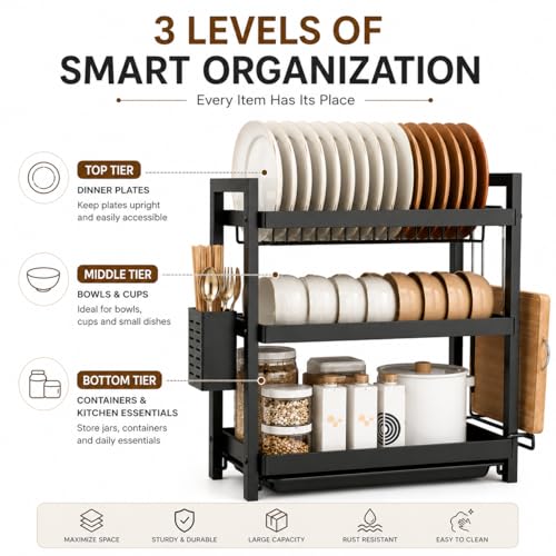 Image of 3 Tier Dish Drying Rack | Kitchen Counter Organizer
