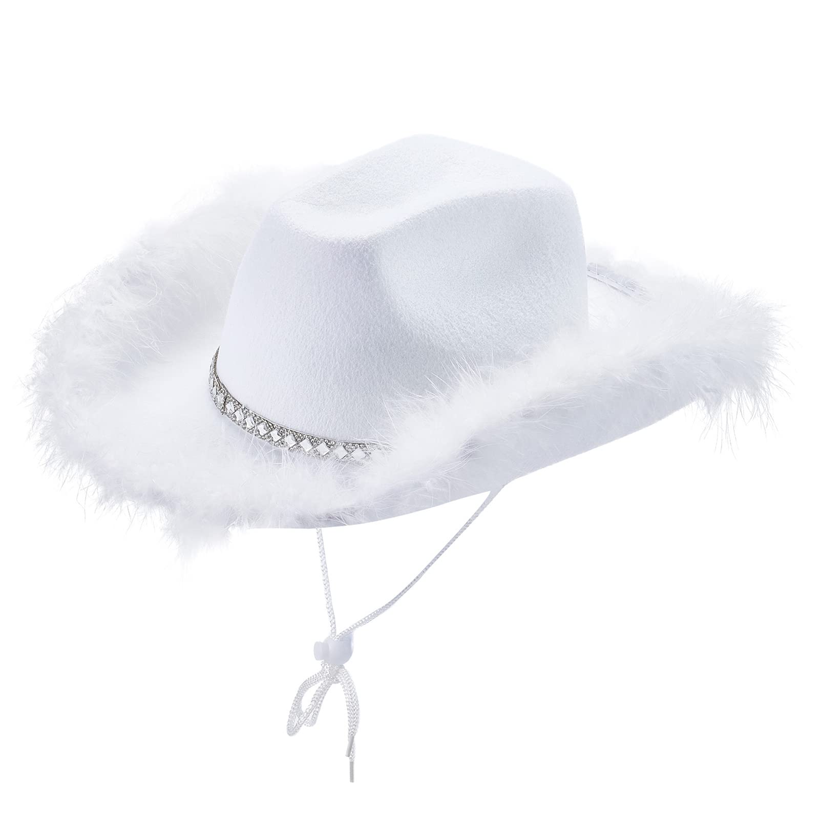 Geagodelia Felt Cowboy Hat for Women Fluffy Feather Trim Disco Cowgirl Hat Womens Adult Halloween Costumes Preppy Hat for Fancy Dress Up Role Play Cosplay Birthday Party (B 02-White, OneSize) โ image 1