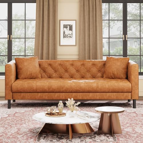 GarveeHome 81 Leather Couch for Living Room Chesterfield Sofa with Deep Seat Handmade Button Tufted 3 Seater Sofa Modern Leather Sofa for Apartment or Office Cognac Tan