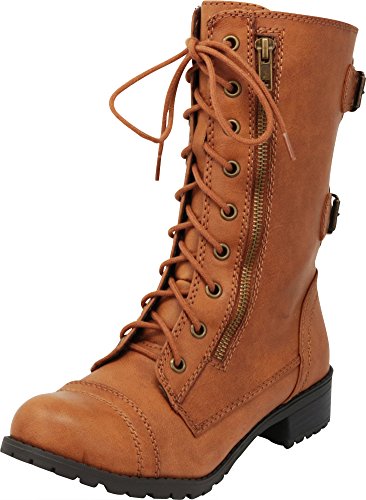 Cambridge Select Women's Lace-Up Round Toe Buckle Zipper Chunky Heel Combat Boot,7.5 B(M) US,Tan Pu