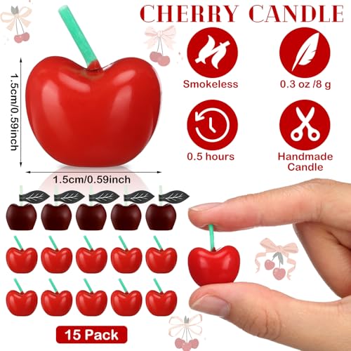 Image of Conelist 15 Pcs Cherry Shaped Birthday Cake Toppers Decor, Red, Burgundy | Cute Fruit Shaped Candles Mini Cherry Cake Decorations Party Favors Soy Wax Cupcake Toppers for Wedding Dessert Table Gifts