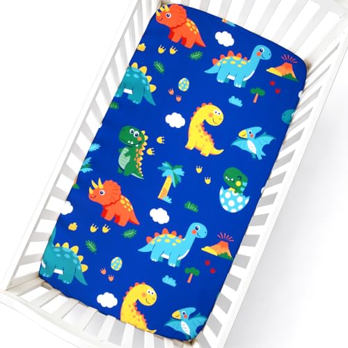 Image of Cloele Dinosaur Fitted Crib Sheet,Blue Baby Sheet, 52x28in | Soft Cozy, Standard Crib and Toddler Mattresses,Blue Nursery Bed Toddler Sheet, For Boys Girls