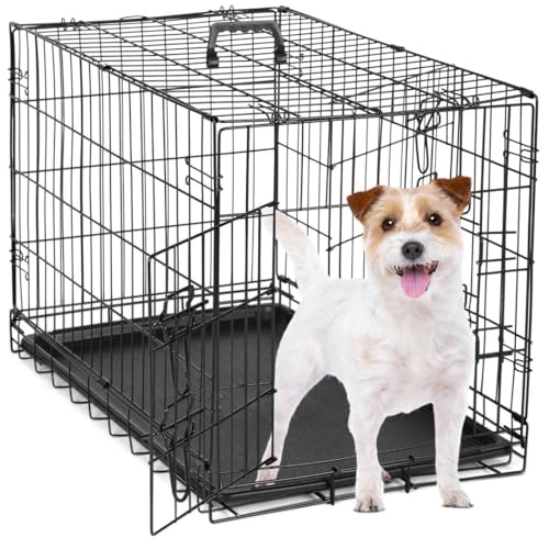Dog Crate Kennel, 30 Inch Metal Pet Cage Double Door W/Divider Panel, Folding Travel Indoor Outdoor Dog Kennel Leak-Proof Plastic Tray Wire Animal Cage