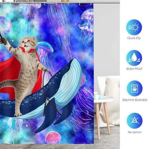 Image of Aimego Extra Long Shower Curtain - Funny Cute Cat Riding Whale on Space Galaxy Fantasy Jellyfish Fabric Cloth Shower Curtain Set with 12 Hooks for Kids Bathroom Decor Bathtub Curtain, 72 inchx84 inch