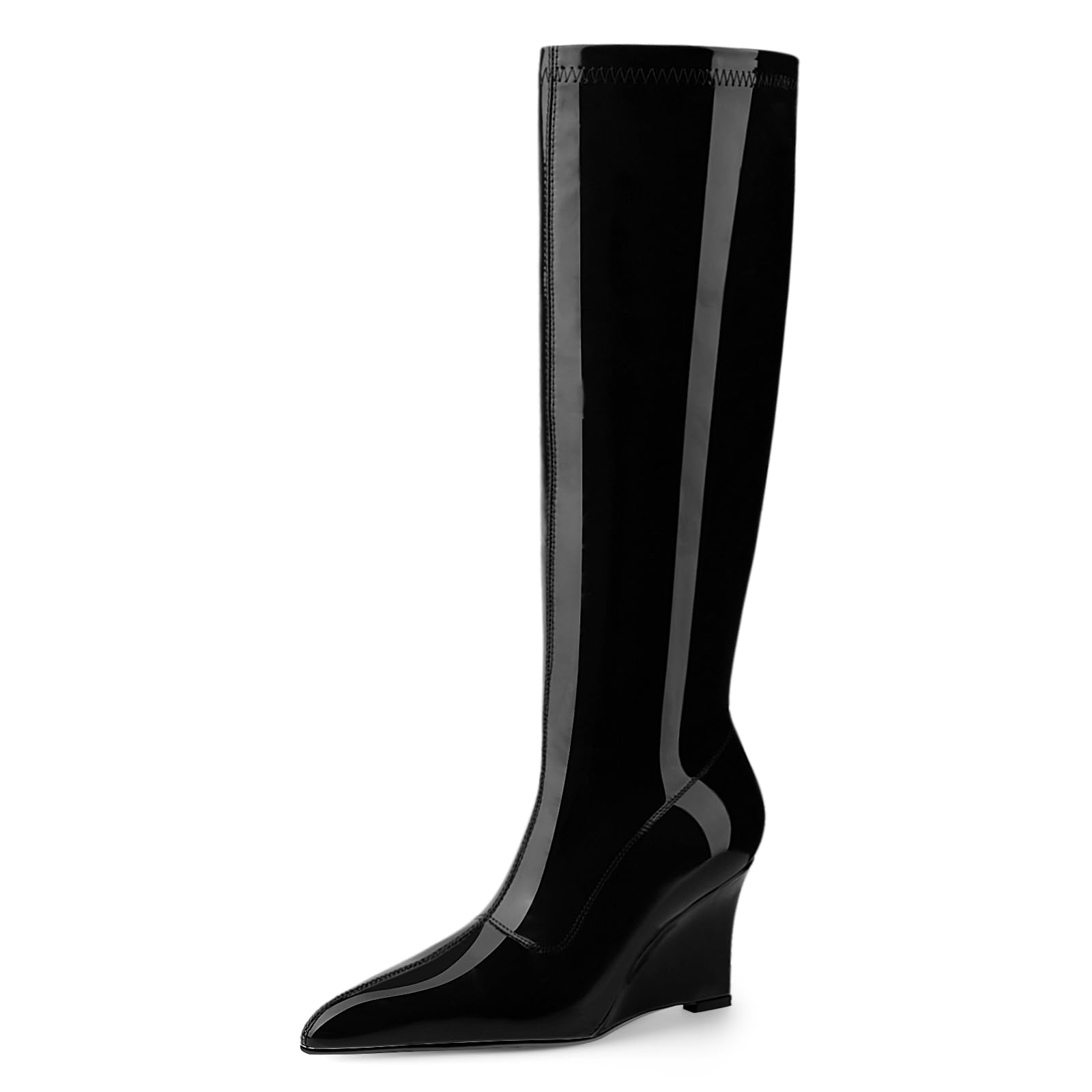Oh Mispares Women's Wedge Heel Knee High Boots Classic Pointed Toe Tall Boots Patent Leather Fashion Long Boots with Side Zipper Comfortable Winter