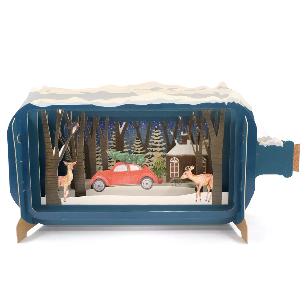 Message In A Bottle Home For Xmas Pop Up Christmas Greeting Card By Alljoy Cards XMIB051, blue|green|yellow|beige, 24cm x 15cm