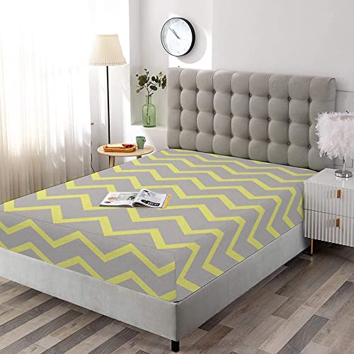 Decorative Bedding Sheet Set King Size, Grey And Yellow Fitted Sheet & 2 Pillowcases Set(No Flat Sheet), Modern Geometrical Triangles Zig Zags Wavy Modern Print Microfiber 3Pc Bed Sheets Set #TOP1