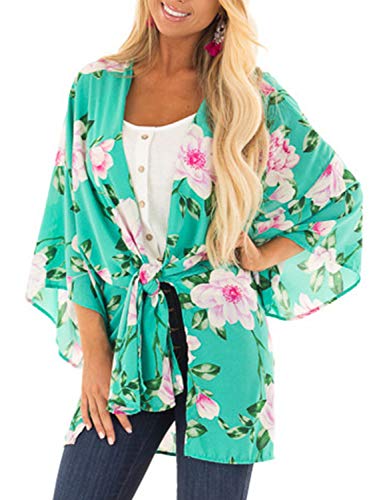Women's Floral Boho Chiffon Kimono Beach Summer Sheer Cardigans (Green, S)