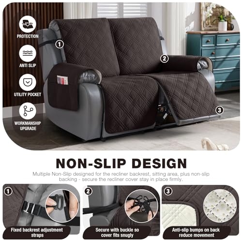 Image of TAOCOCO 100% Waterproof Loveseat Recliner Cover, Non Slip Split Loveseat Covers for Reclining Loveseat with Elastic Straps, Washable Recliner Chair /Furniture Protector for Kids Pets(2 Seater, Coffee)