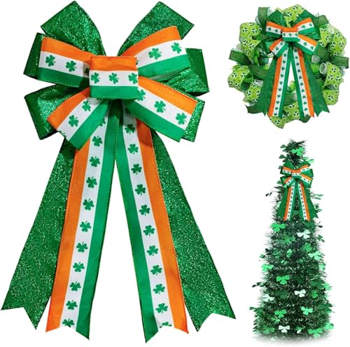 LINGMIN Large St. Patrick's Day Wreath Bows, Lucky Clover Shamrock Bows for Wreath Green Glitter Irish Flag Decorative Bow for Front Door Farmhouse Wreath Bows for Outdoor Fence Party Decor