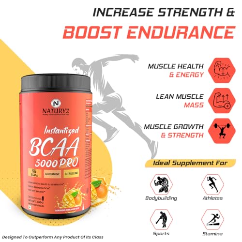 Image of NATURYZ Instantized BCAA 5000 PRO |5G Vegan BCAAs | Glutamine | Citrulline | Electrolytes | 0 Added Sugar | Powerful Intra Workout Amino for Lean Muscle Growth, Strength, Quick Re-Hydration & Instant Energy - 300g(Mango Orange Mix)