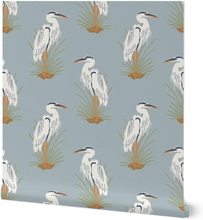 Spoonflower Peel & Stick Wallpaper 3ft x 2ft - Coastal Cranes Bird Vintage Blue Nature Preppy Crane Custom Removable Wallpaper