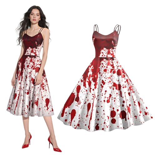 Halloween Kostüm Damen – Blutiges Kleid mit Blutspritzer Aufdruck, Ärmelloses Zombie Brautkleid für Horror Party, Gruseliges Gothic Cosplay...