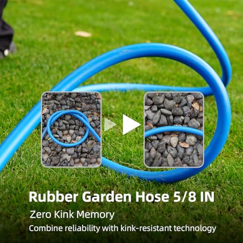 Image of Guitrees 2026 Upgraded Garden Hose 25FT x 5 /8 inch, Heavy Duty Rubber Water Hose with Five Layered Braiding, Swivel male and female Nickel-plated Brass Fittings, 1000PSI Burst, 300PSI Working (Blue)