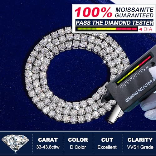 Moissanite Tennis Necklace, 12.4ct-43.8ct Lab Created Diamond Necklace for Men Women 18k White Gold Plated 925 Sterling Silver Tennis Necklace D Color VVS1 Round Cut Moissanite Necklace Chain with GRA Certificate Wedding Gifts2