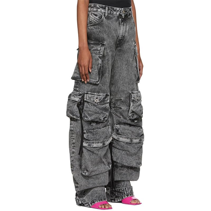 Hip hop Washed Multi Pocket Workwear Jeans, Street Fashion Wide Leg Pants Cargo Jeans for Women2
