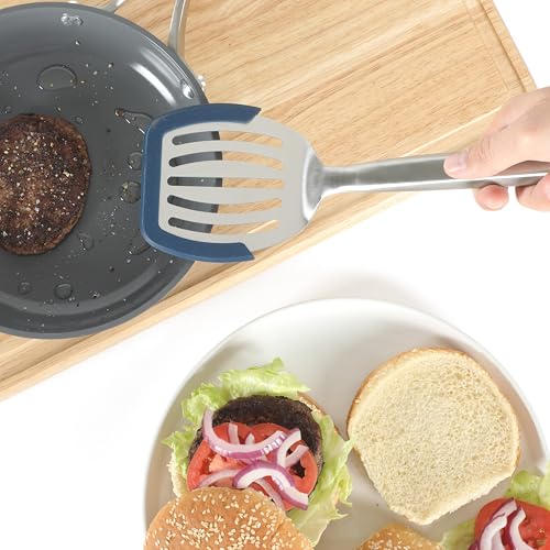 Image of Calphalon Prime Slotted Turner, Stainless Steel Wide Slotted Spatula with Silicone Rim for Nonstick Cookware, Heat Resistant Durable Kitchen Tool for Cooking, Flipping, Draining and Serving