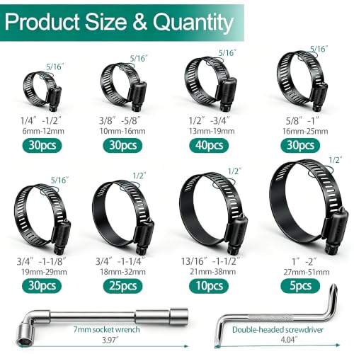 Image of Dianrui 202 PCS Black Hose Clamp Assortment 1 /4 inch-2 inch(6-51mm) 304 Stainless Steel Hose Clamp Kit, Worm Gear Hose Clamps Heavy Duty for Plumbing /Tube /Automo