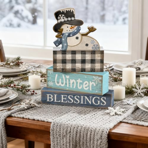 Image of Moucuny 4 Pcs Winter Table Decorations Playful Snowman Decor Indoor Winter Tiered Tray Decor Rustic Wooden Decorative Snowman Block Sign Gift Snowflake Centerpiece Farmhouse for Home Kitchen