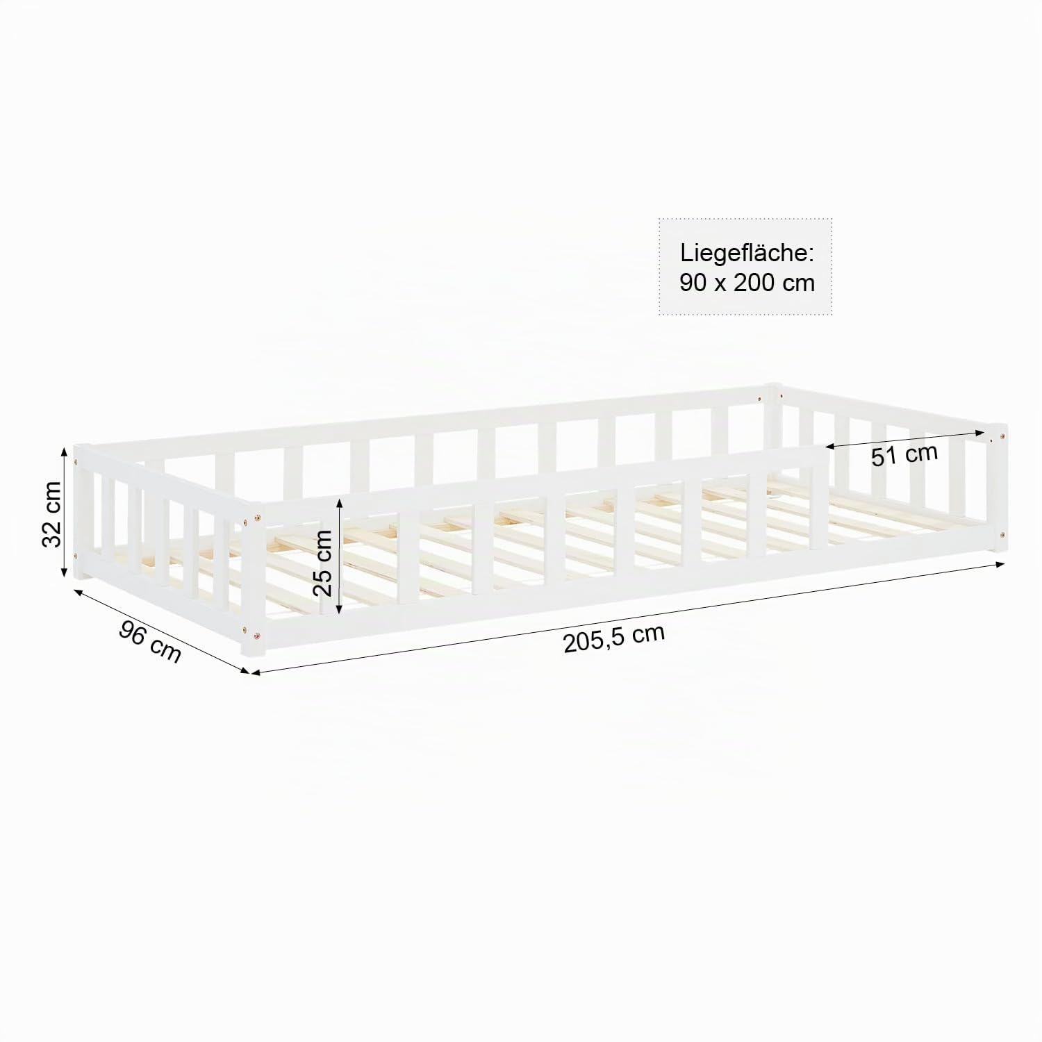 Homestyle4u Bodenbett 90x200 Kinderbett mit Rausfallschutz Weiß | Montessori Kleinkindbett aus massivem Kiefernholz Lattenrost inklusive, Matratze nicht enthalten