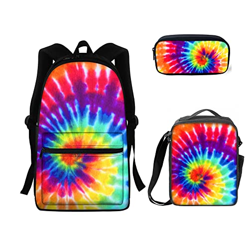 Set di 3 pezzi zaino per la scuola con fuoco acqua baseball softball pranzo tote+zaino Daypack + astuccio portamatite Tintura arcobaleno. Taglia unica Zaini