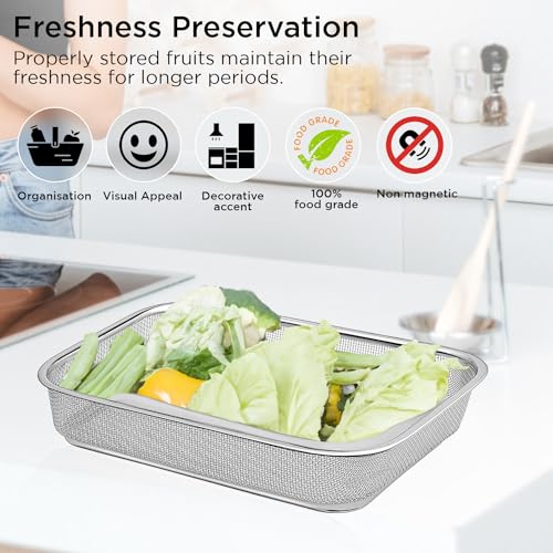 Image of Zupa Rust-Proof Stainless Steel Rectangular Strainer & Storage Basket | Multipurpose Fruit, Vegetable & Fridge Organizer (Silver) | 34 X 26 X 8 CM