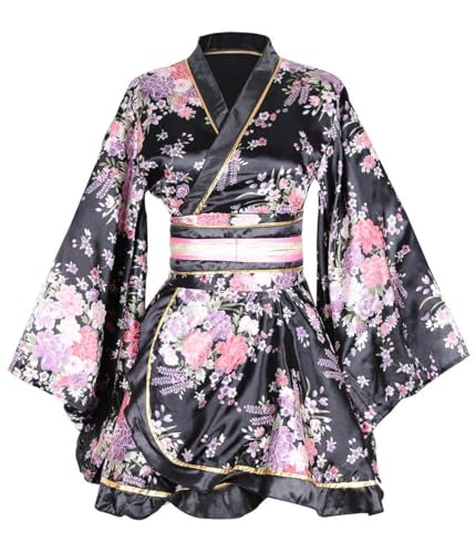 ZNLFS Bata de baño japonesa tipo kimono para mujer, disfraz de anime para cosplay, baile, yukata, de seda, Negro, talla única